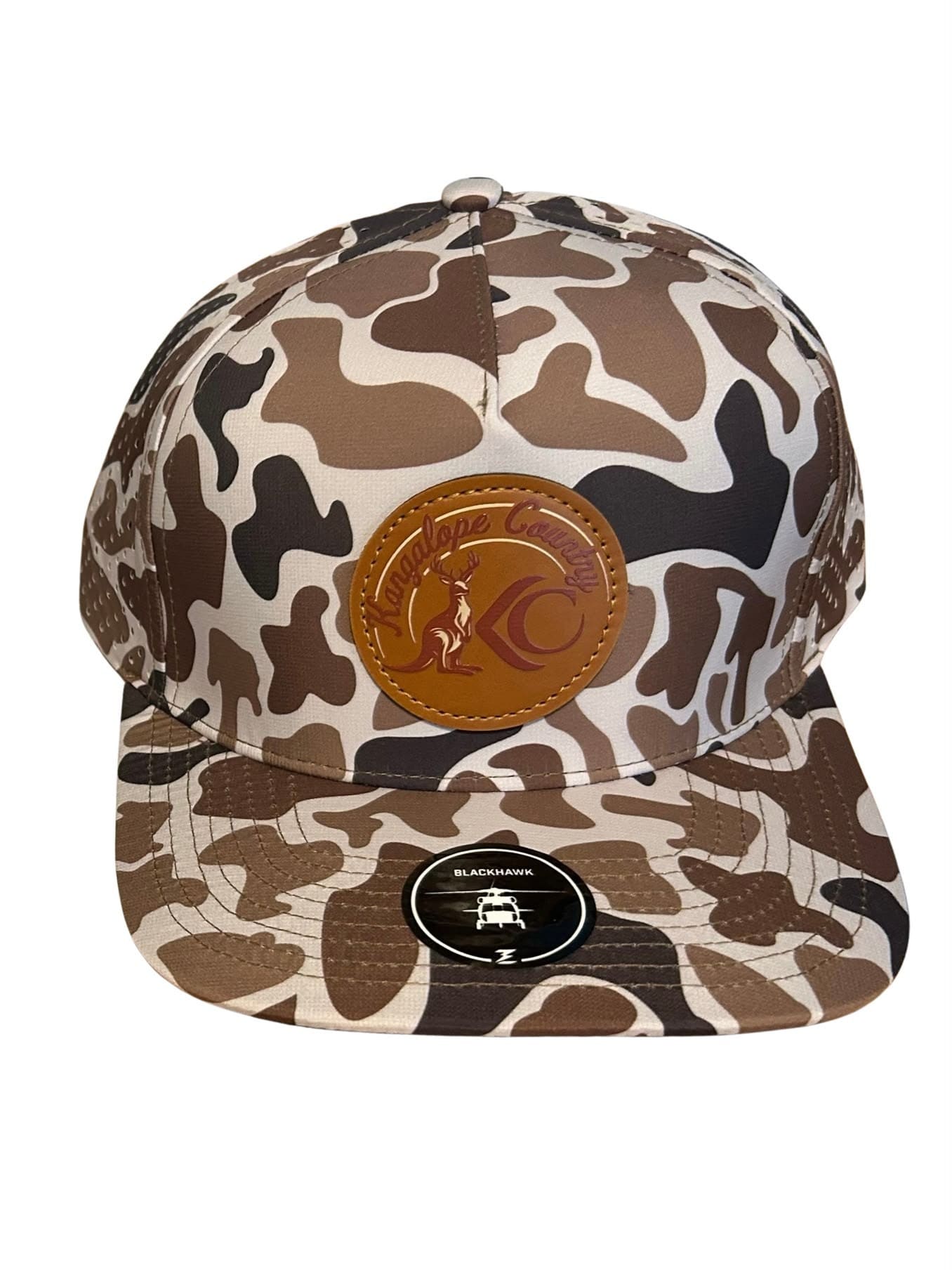 Bush Camo hat product view with leather Kangalope Country patch