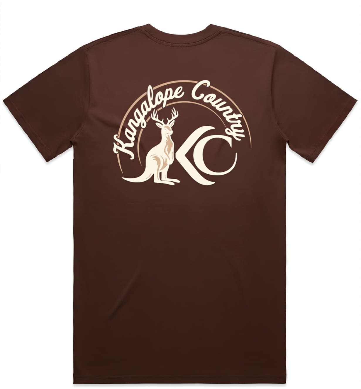 Chestnut Brown classic tee, back flat view with full Kangalope Country back print